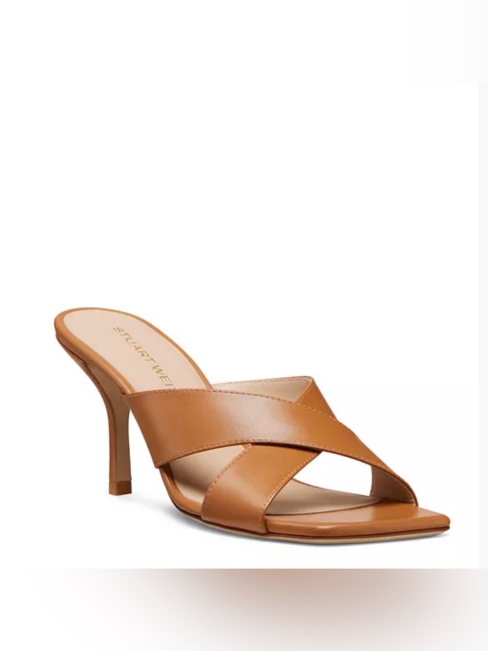 Stuart Weitzman Cognac Leather Crisscross Mule Heels